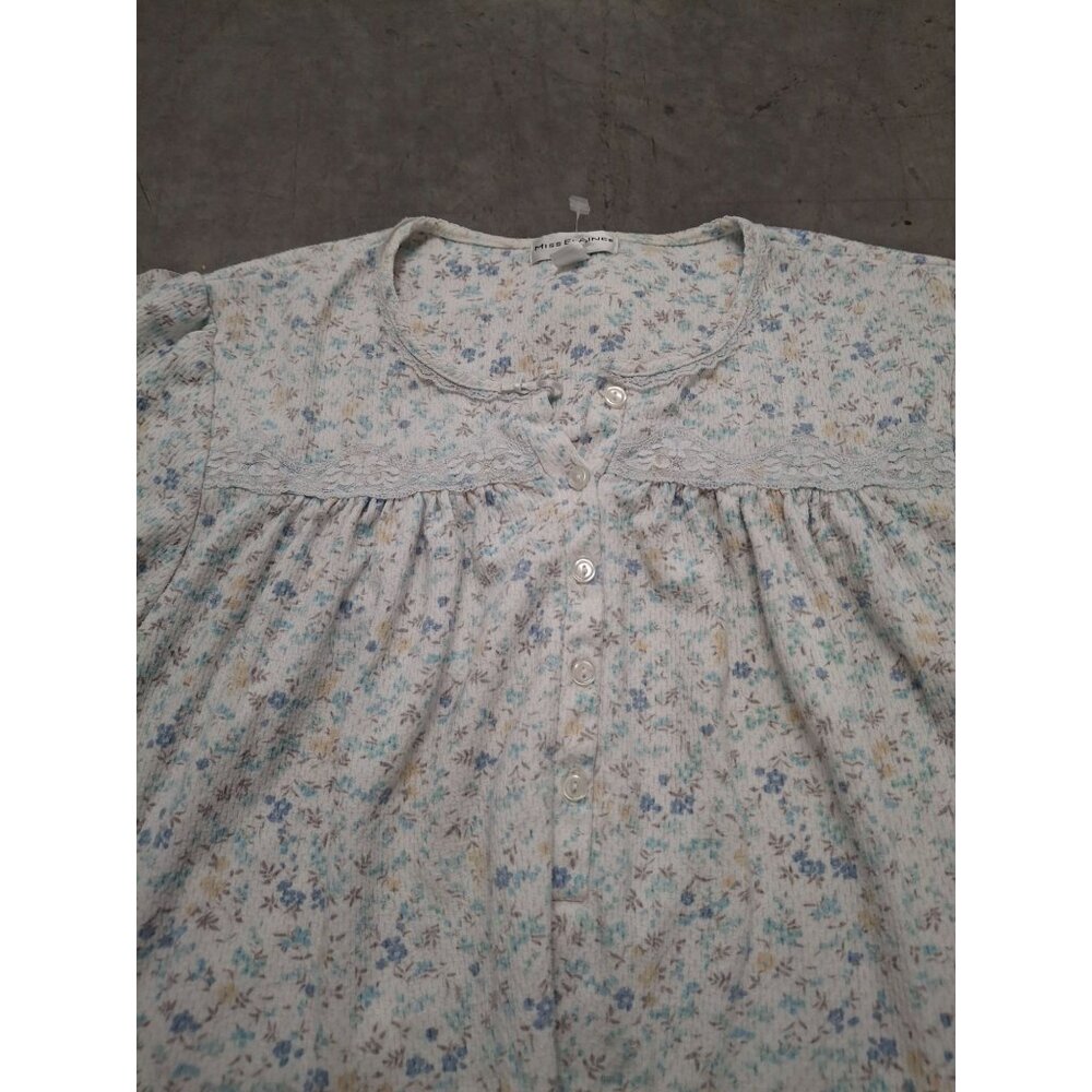 Miss Elaine Womens Floral Nightgown With Button Front & Lace Detail XL Flannel